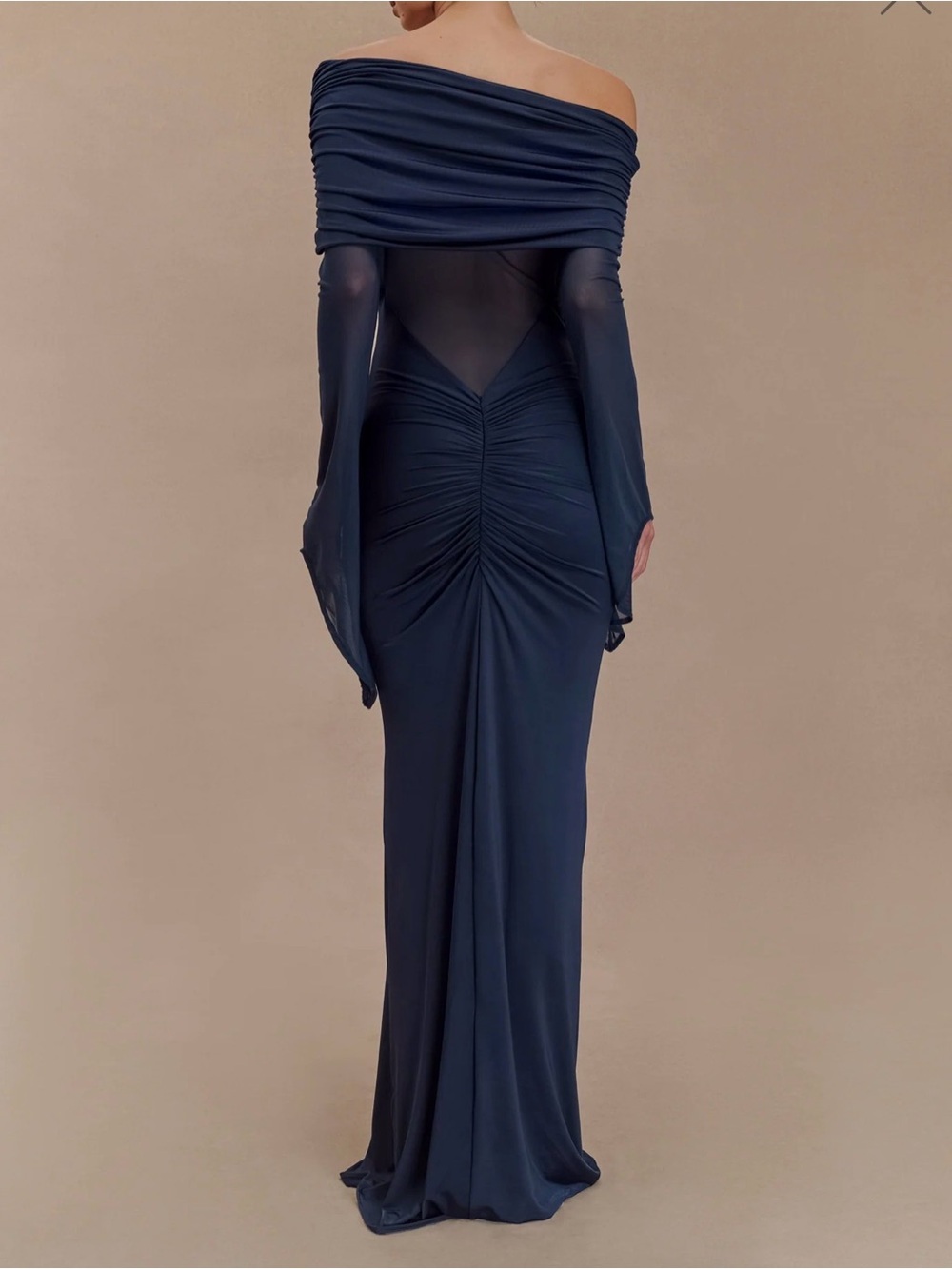 Meshki Navy Blue Off-Shoulder Long Sleeve Evening Gown - Picture 2 of 10